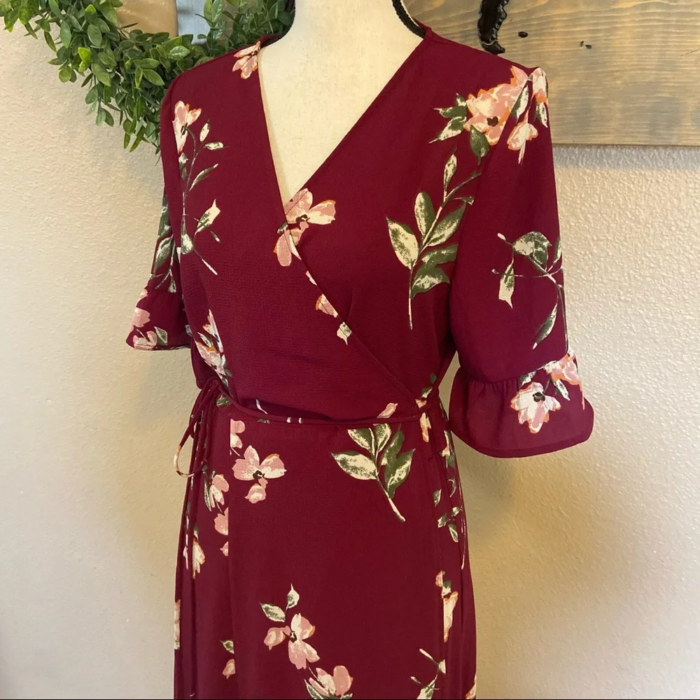 NWOT Lulus September Sunsets Burgundy Floral Print Wrap Maxi Dress_6